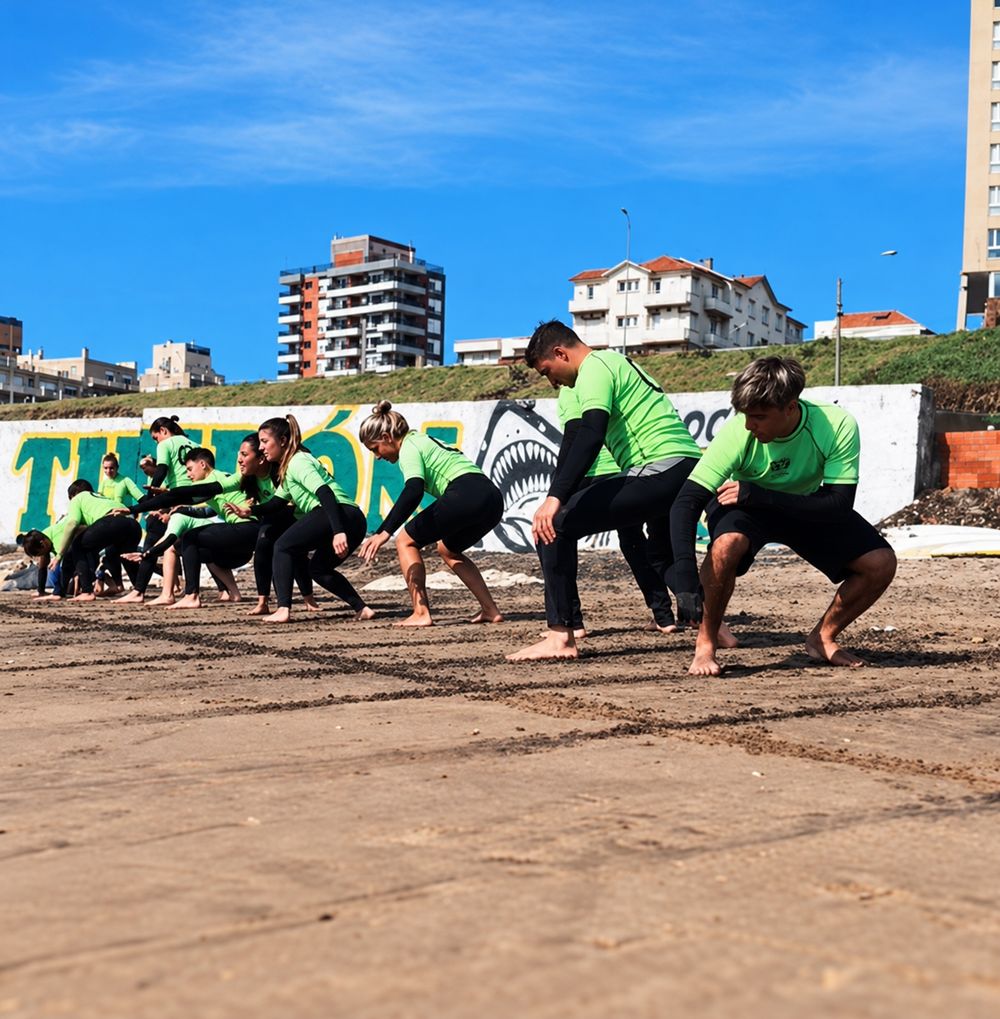 Grupo calentando en la arena antes de la clase
